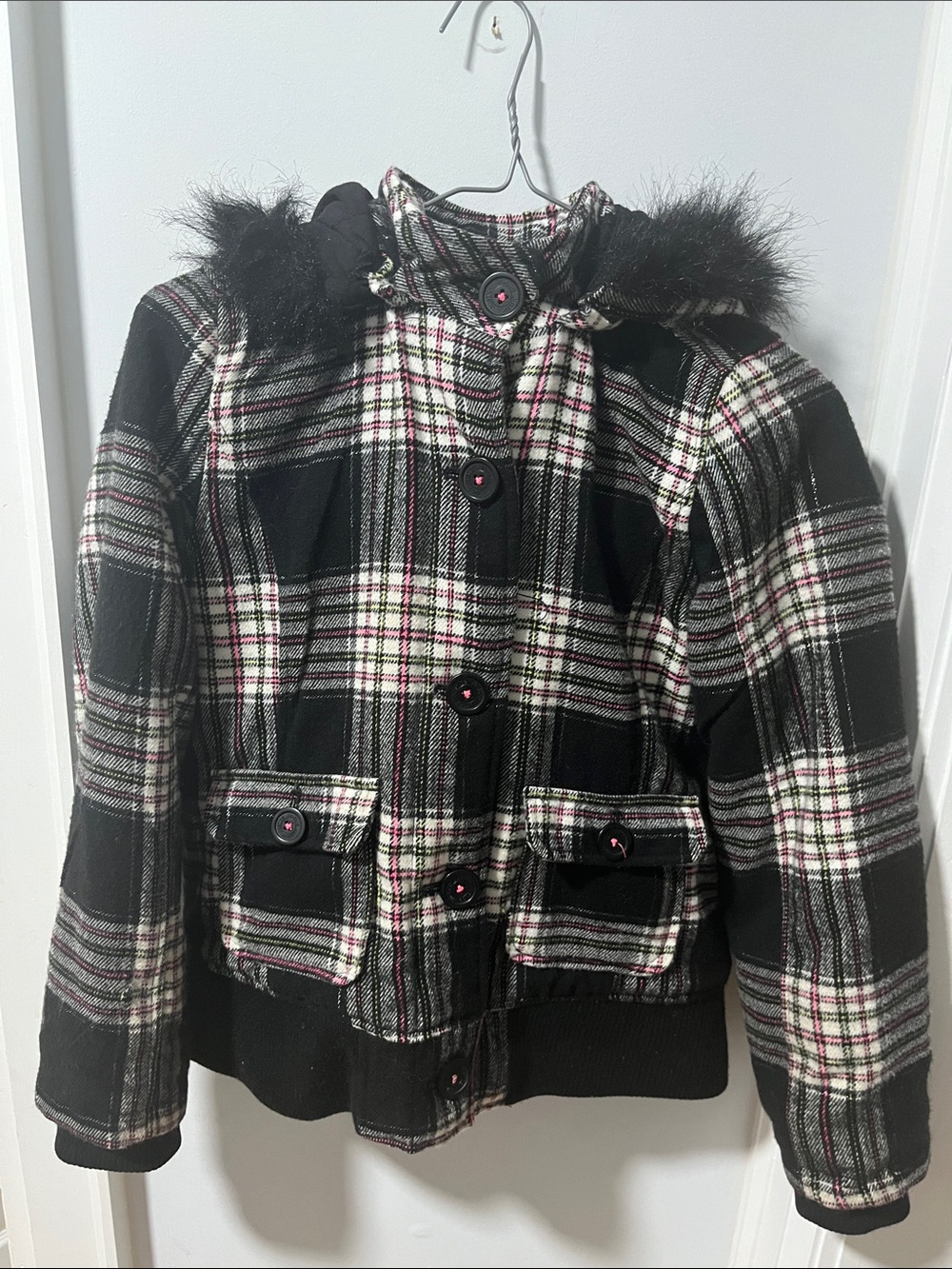 Justice Kids Black Plaid Hooded Jacket with Faux Fur Trim Size 12